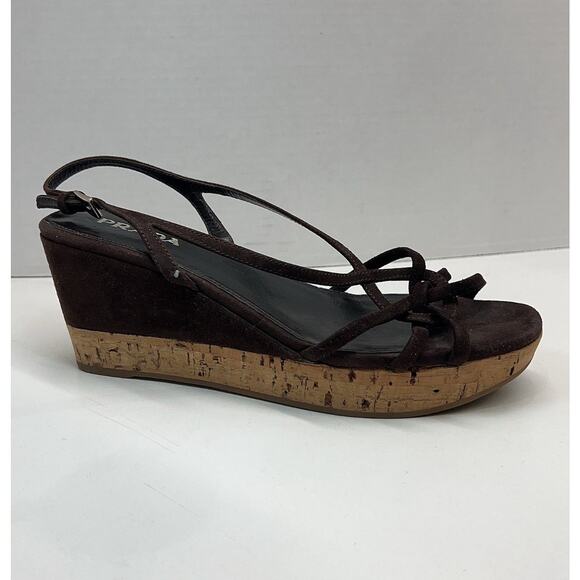 PRADA Brown Suede Cork Heel Platform Wedge Sandals Size EU 38 - Picture 8 of 11